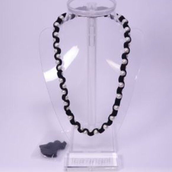 Neiman Marcus Lee Angel Glass Pearl Ribbed Ribbon Crystal Long Necklace NWT 450 - Picture 1 of 8
